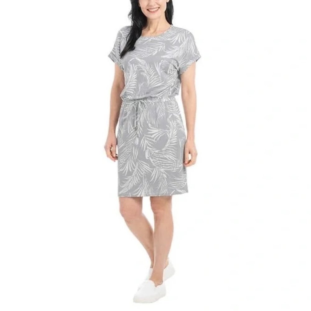 NWT Hilary Radley Ladies' Short Sleeve Dress - Gray with Feather Print